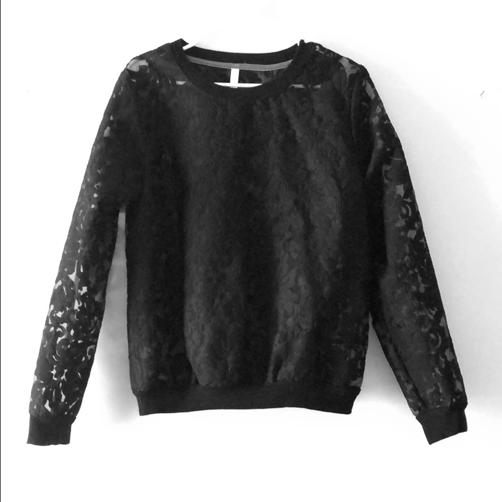 Sheer black lace-like long sleeve top